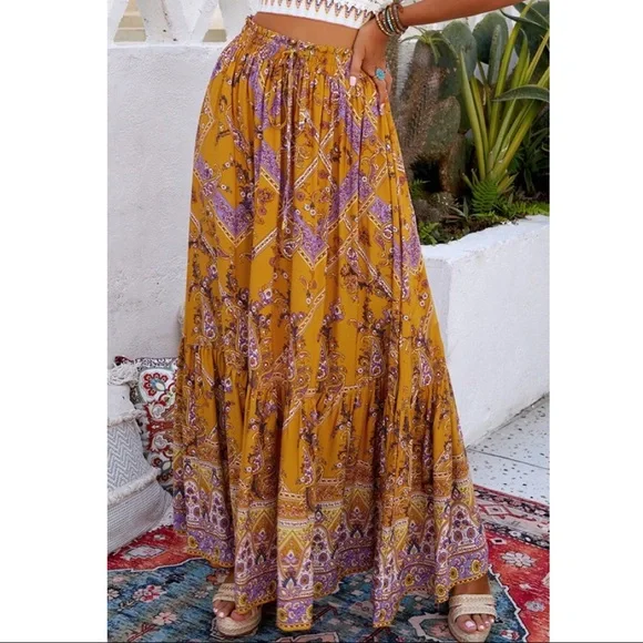 Orange Boho Print Ruffled Maxi Skirt - Picture 2 of 5